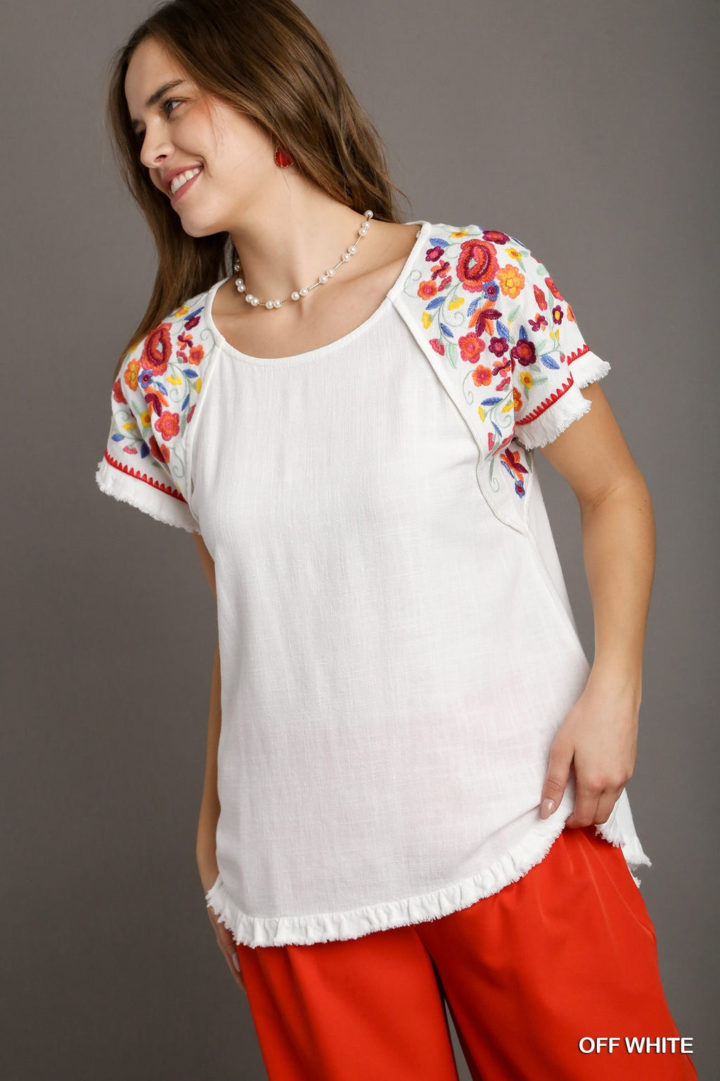 Sophia Embroidered Linen Top - Off White