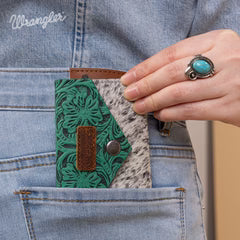 Wrangler Genuine Hair-On Cowhide Floral Tooled Card Holder - Turquoise