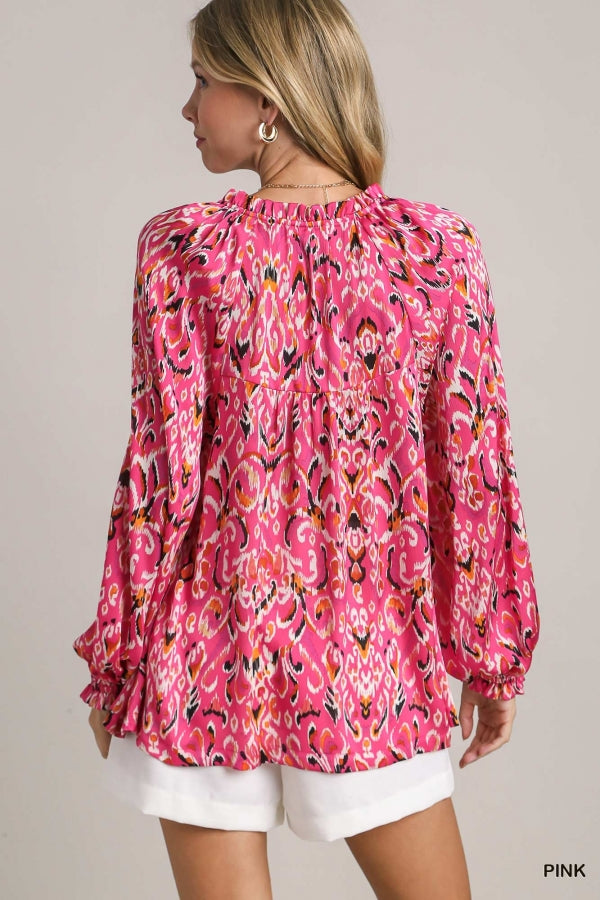 Pink Satin Print Long Sleeve Top