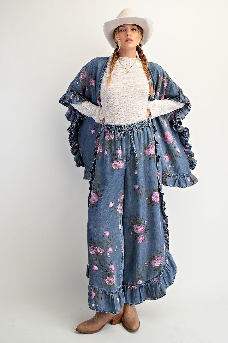 Blossom Washed Denim Ruffle Pants