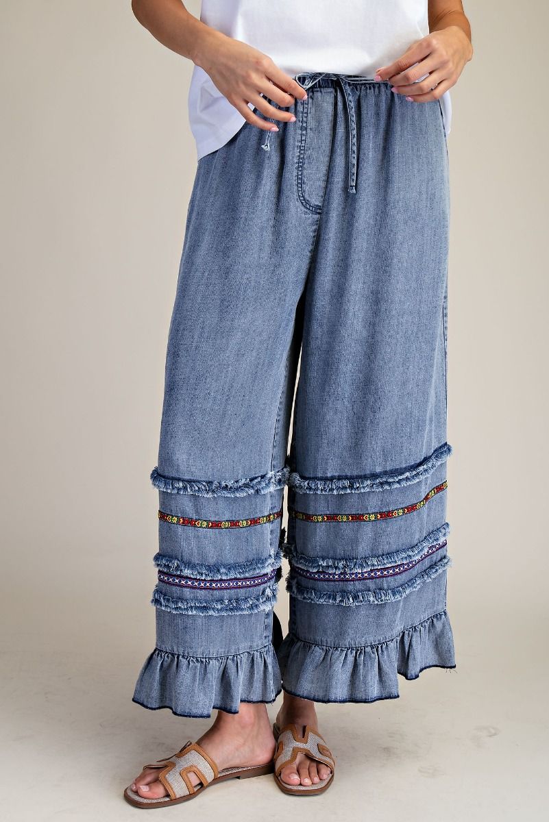 Ruffle Bottom Chambray Pants Washed Denim