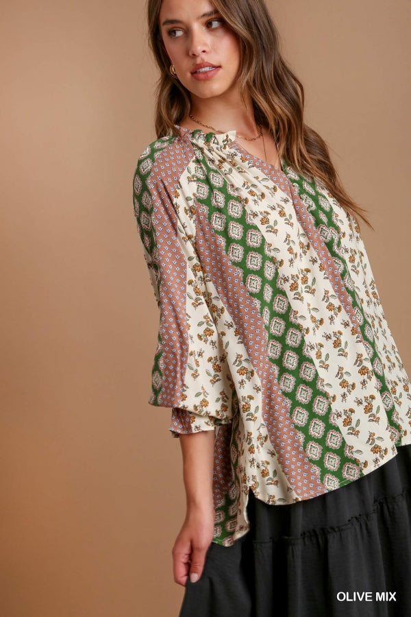 Mixed Print Top with Ruffle V-Neck-Olive