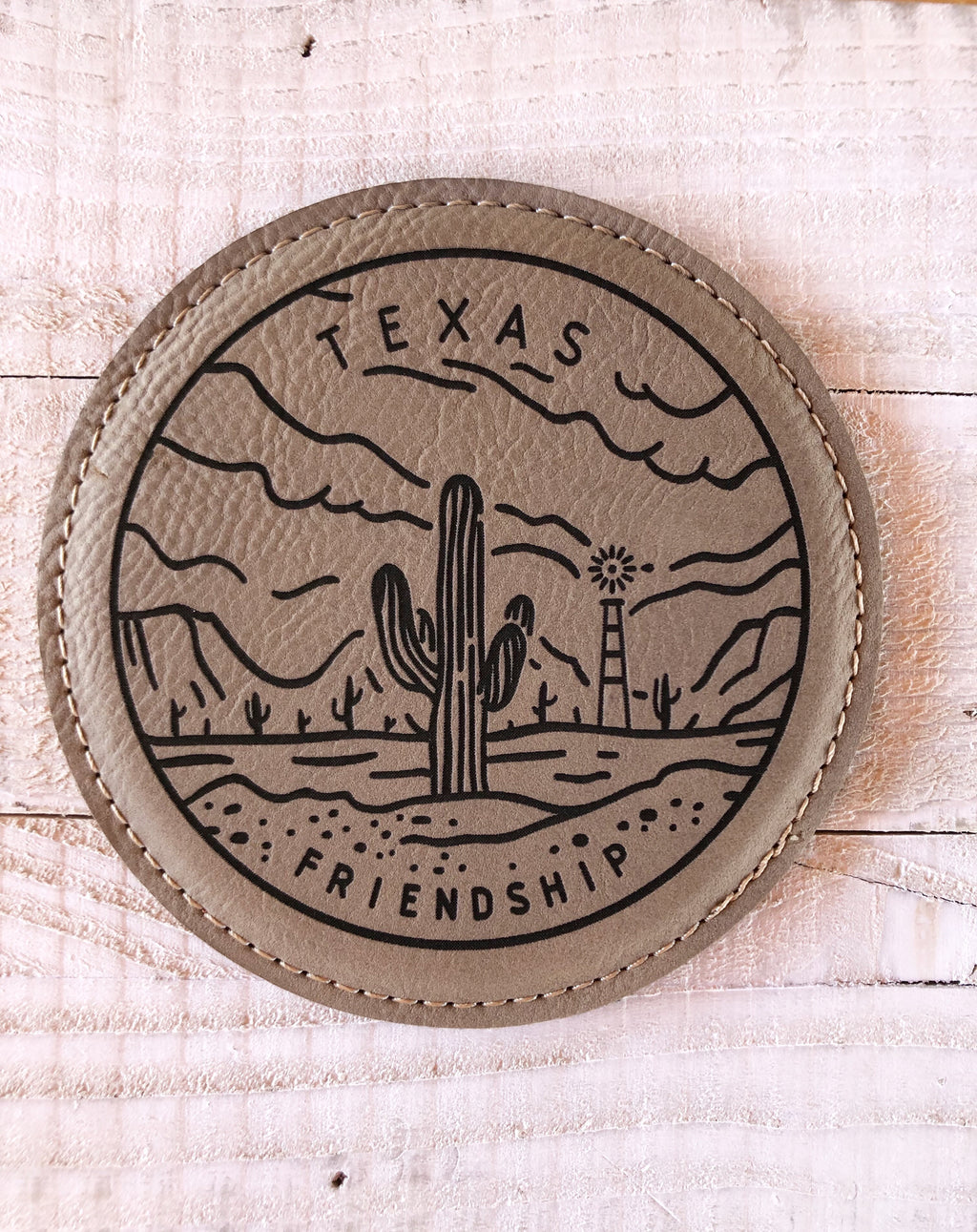 Engraved 4" Round Coaster- Texas Friendship Tan Brown