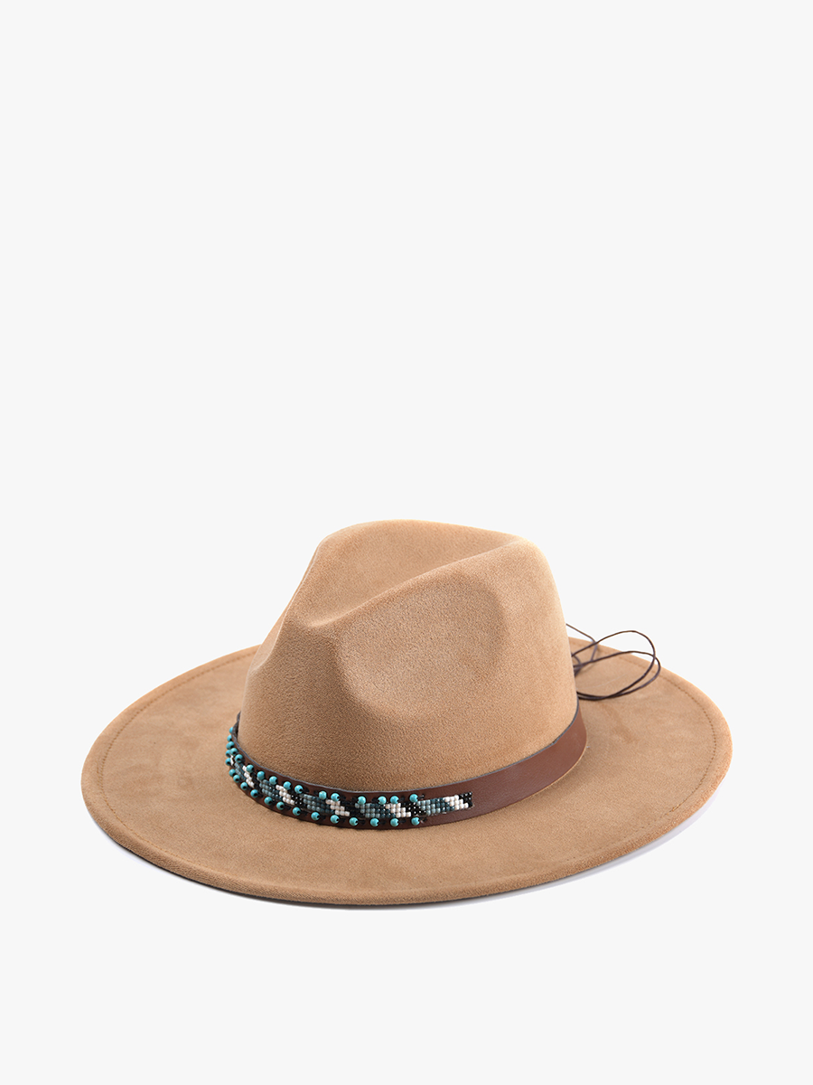 Teo Faux Suede Fedora w/ Turquoise Bead Band Tan