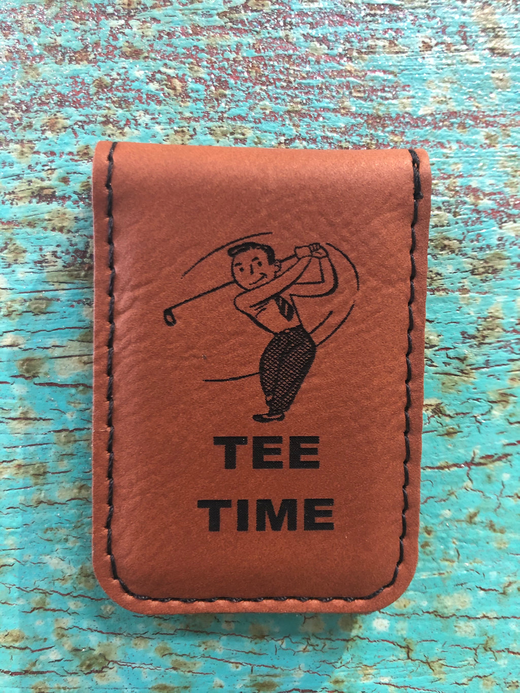 Engraved Magnetic  Money Clip Holder Rawhide Brown-Tee Time Golfer
