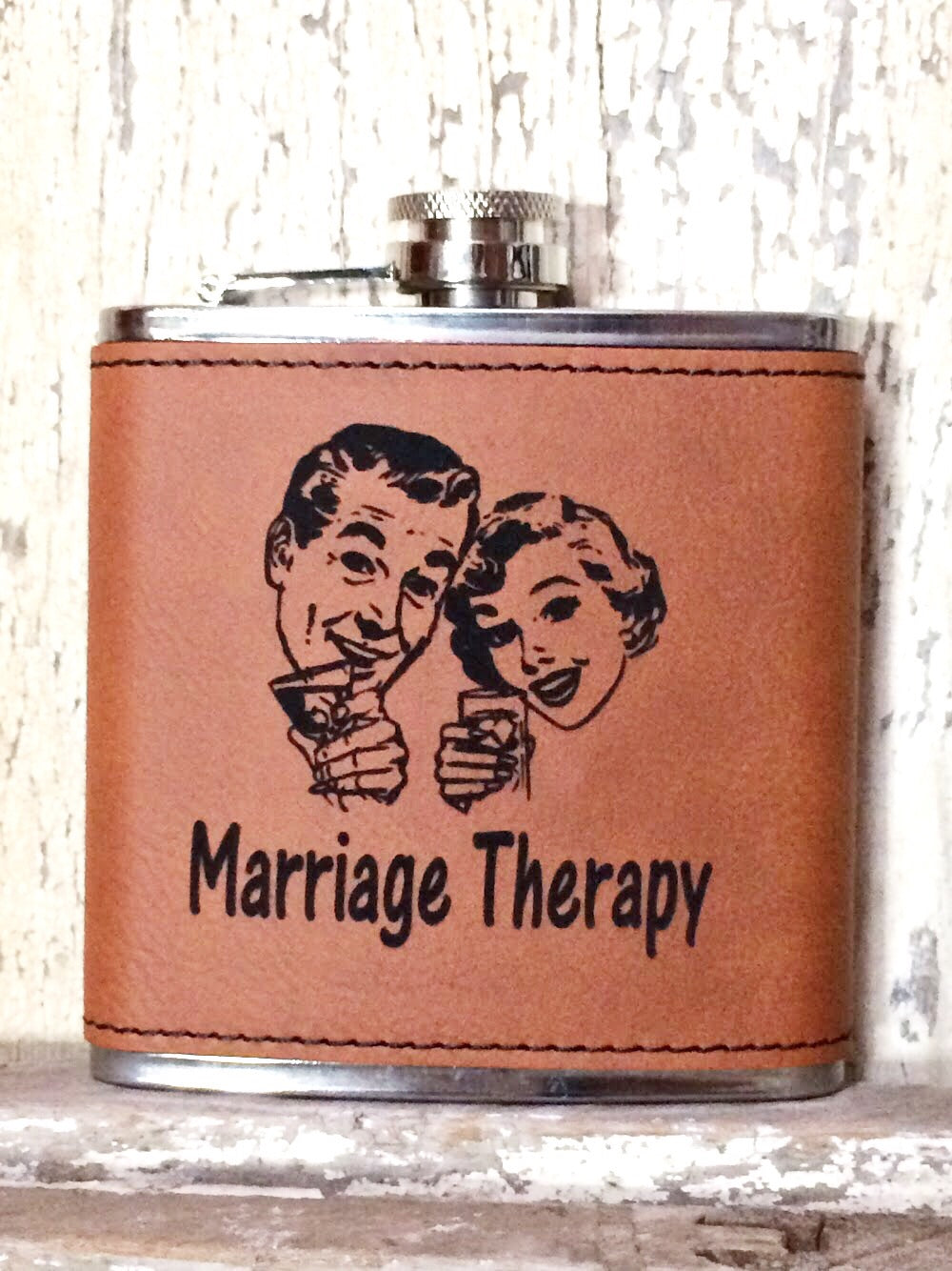 Engraved Stainless Steel 6 oz Flask- Marriage Therapy Dark Brown