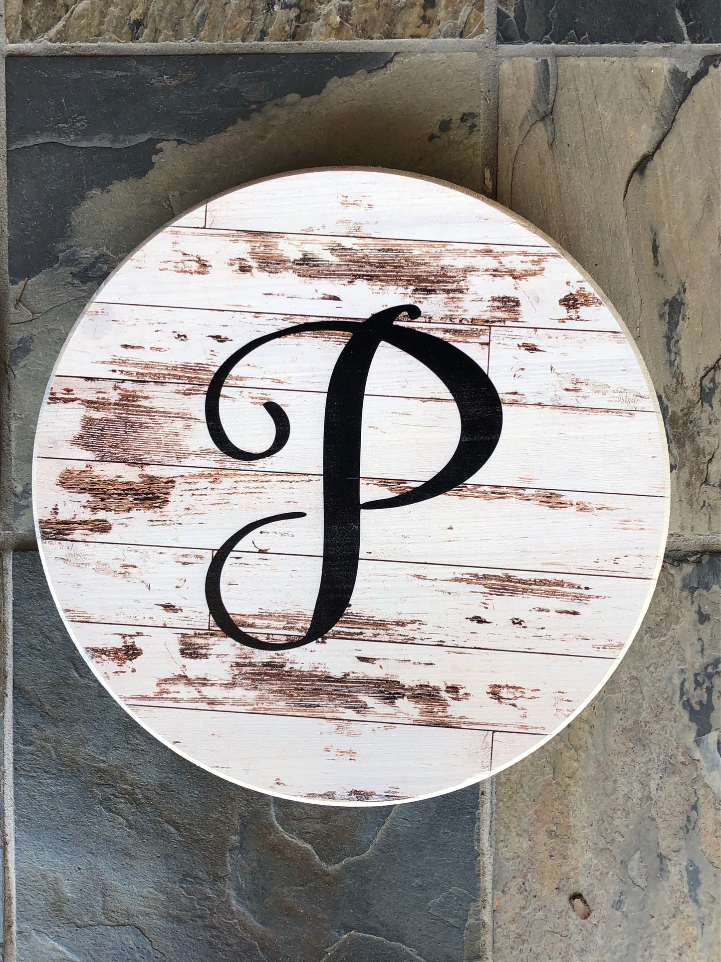 Custom Round Sign- Antique Barn Wood Background w/Initial