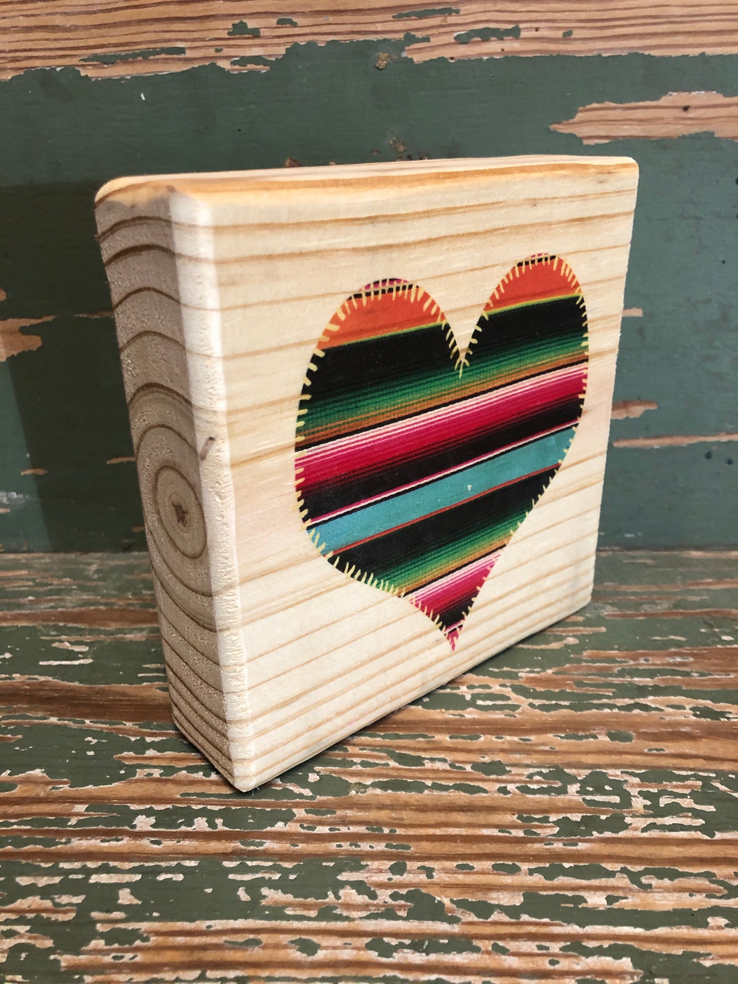 Handmade Décor- Serape heart on natural pine