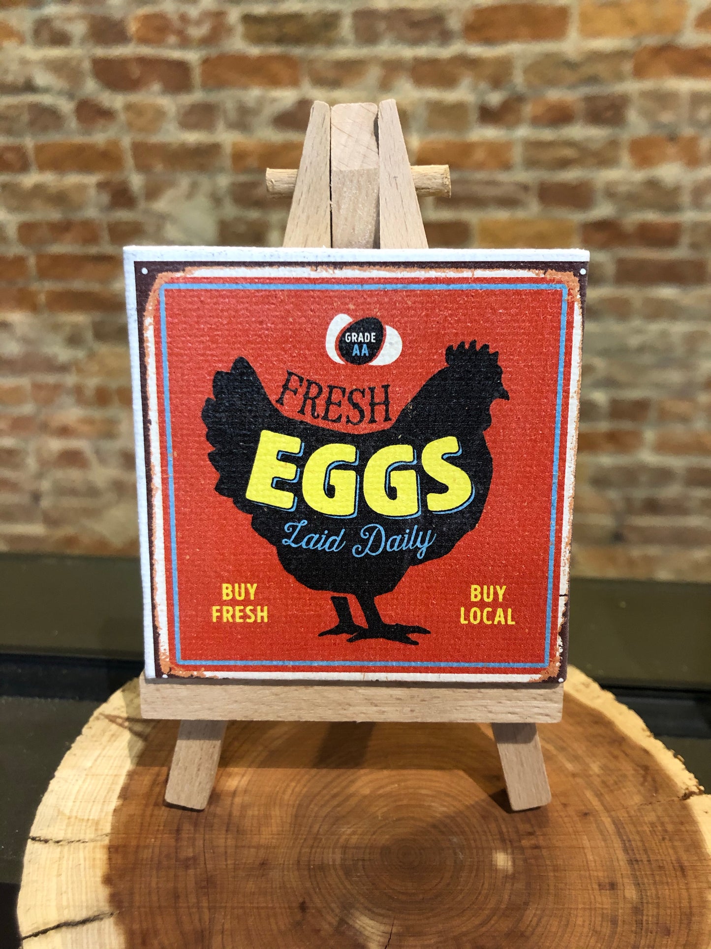 Mini Canvas Signs w/Wooden Easel~FRESH EGGS RED