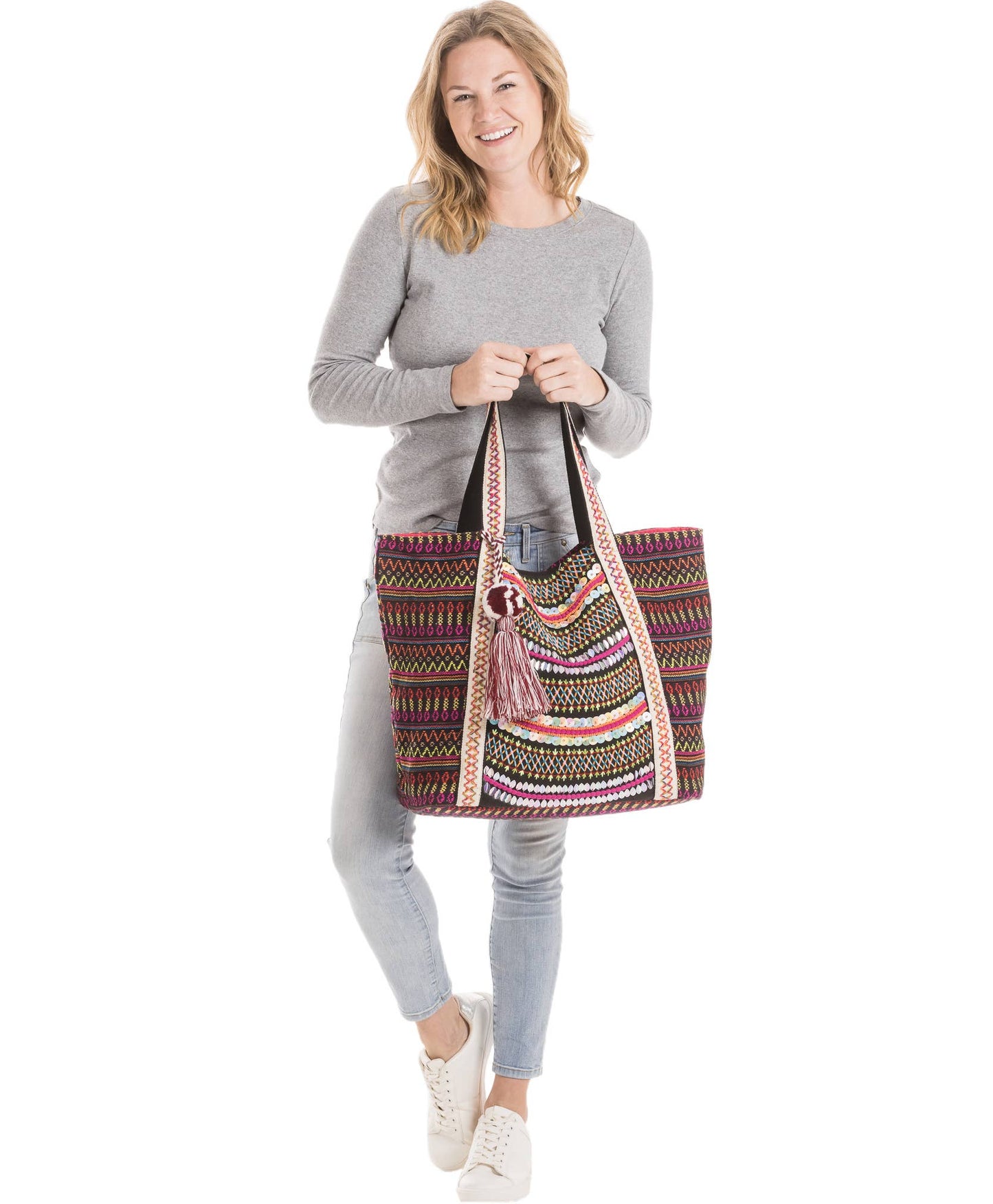 Black/Mutlicolored Aztec Embroidered Tote Bag