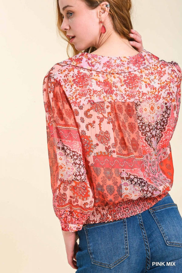 Pink Mix Metallic Mixed Print Wrap Top