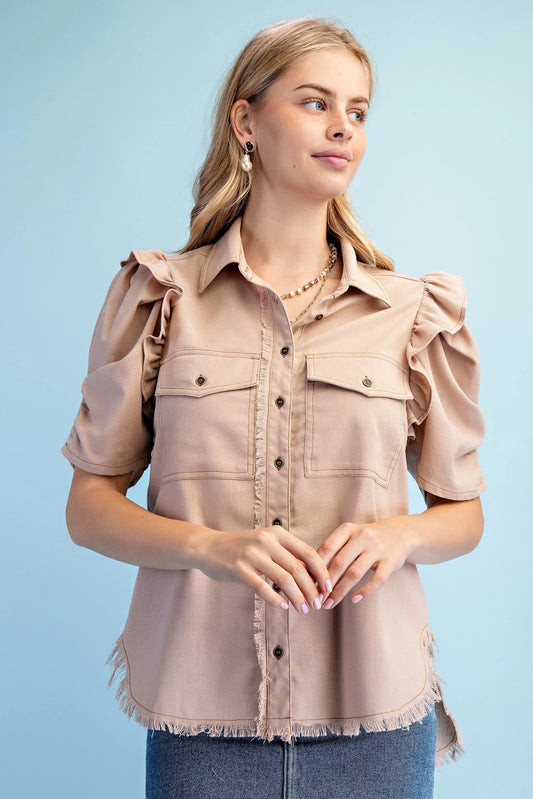 Howdy Linen Frayed Top Latte