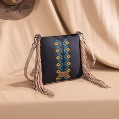 Wrangler Aztec Embroidered Fringe Crossbody - Black