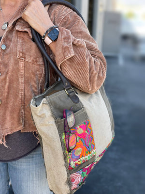 Recycled Tent Tote with Vintage Textiles (Snap Top)