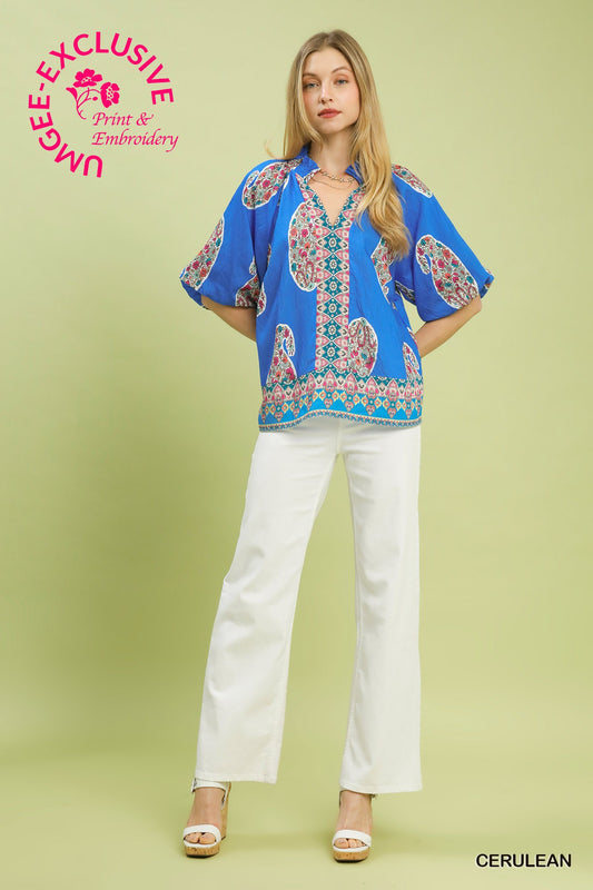 Paisley Border Print Top Ceru