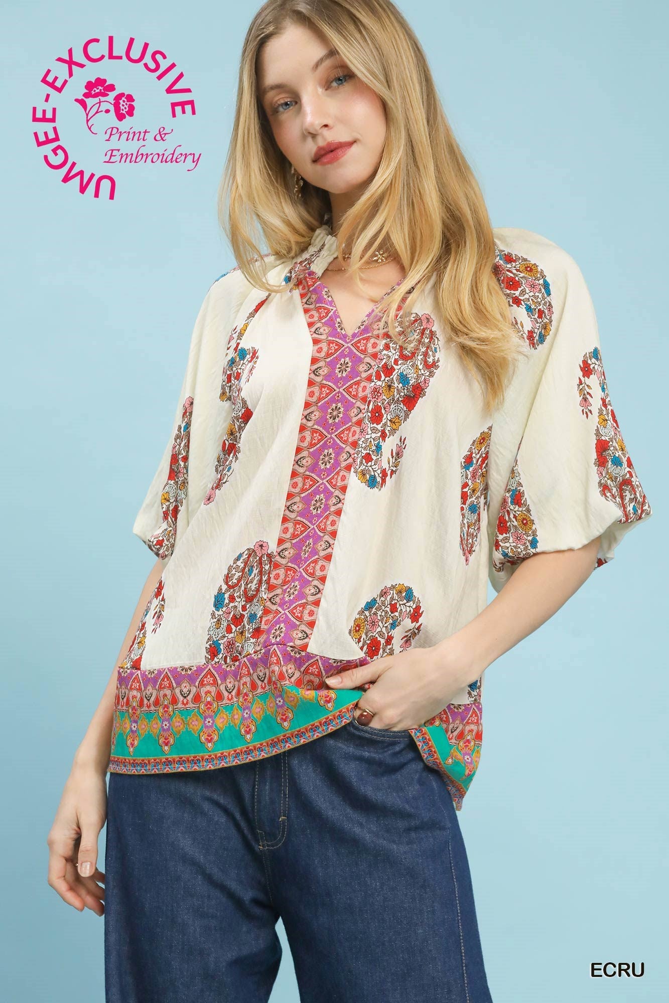 Paisley Border Print Top ECRU