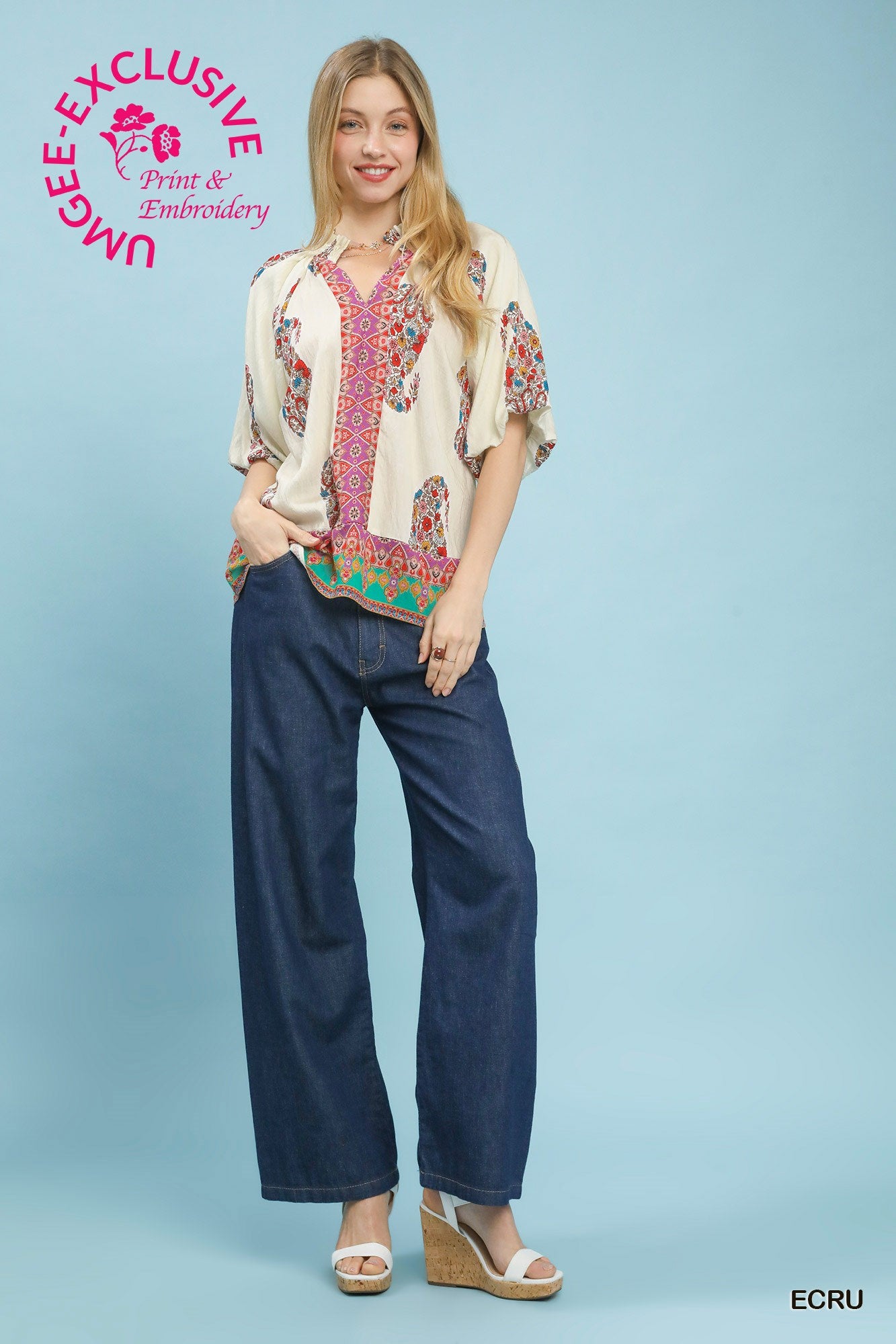 Paisley Border Print Top ECRU