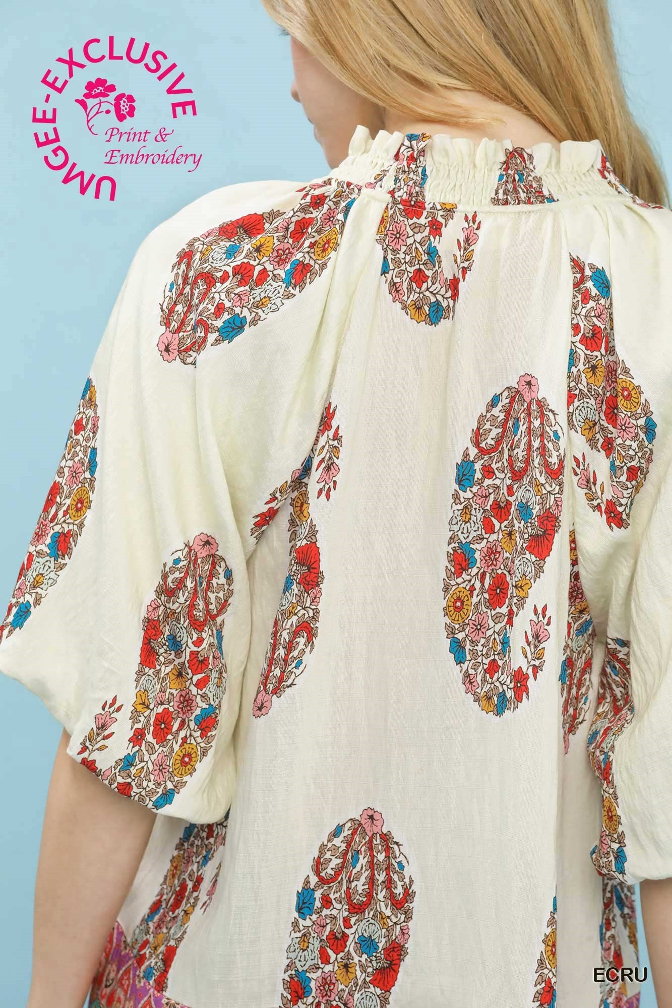 Paisley Border Print Top ECRU