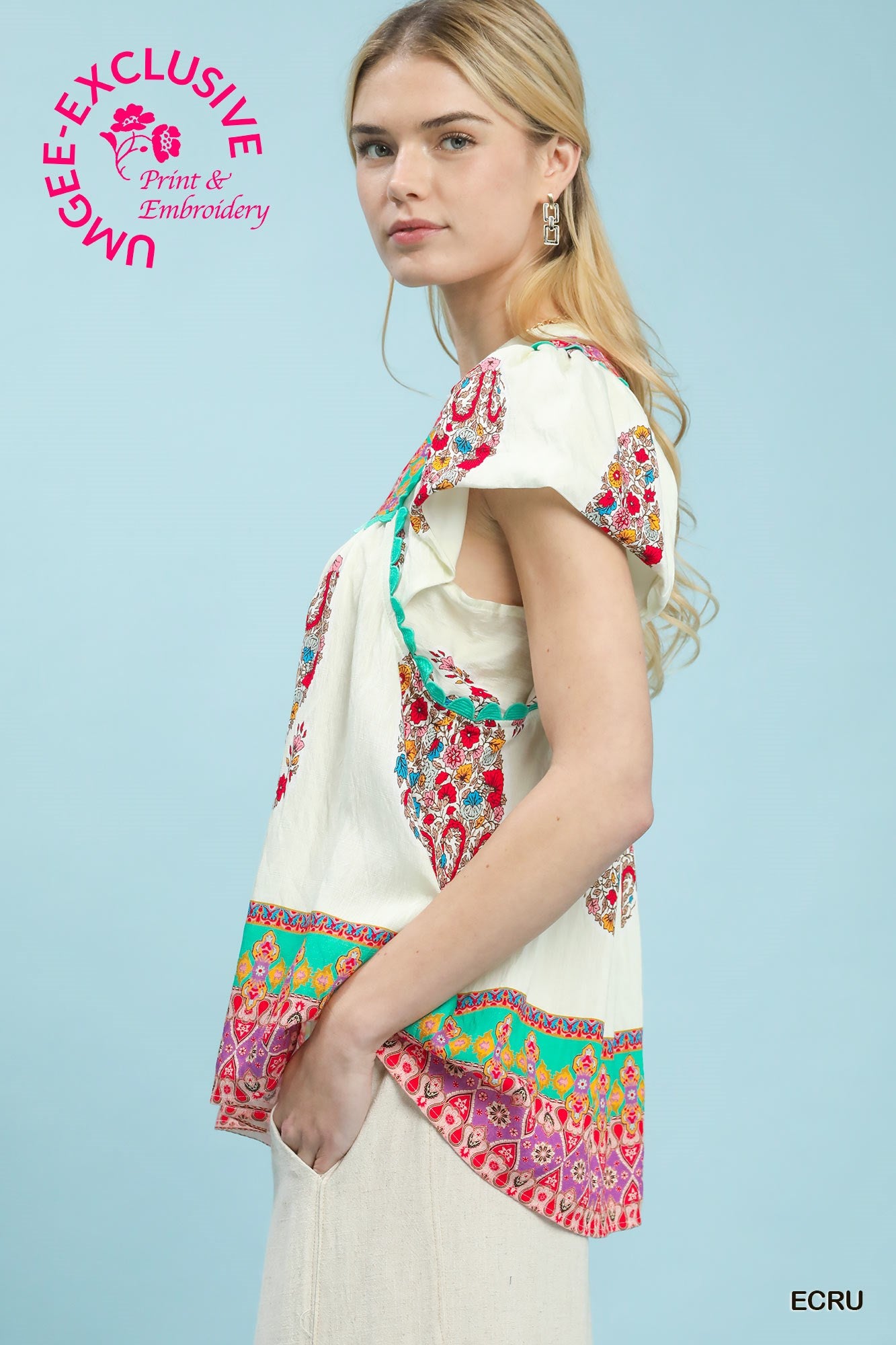 Smocked Flutter Sleeve Top Ecru