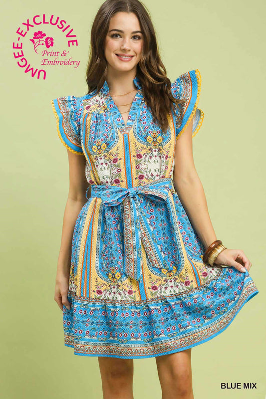 Valerie Mixed Print Ruffle Dress Blue