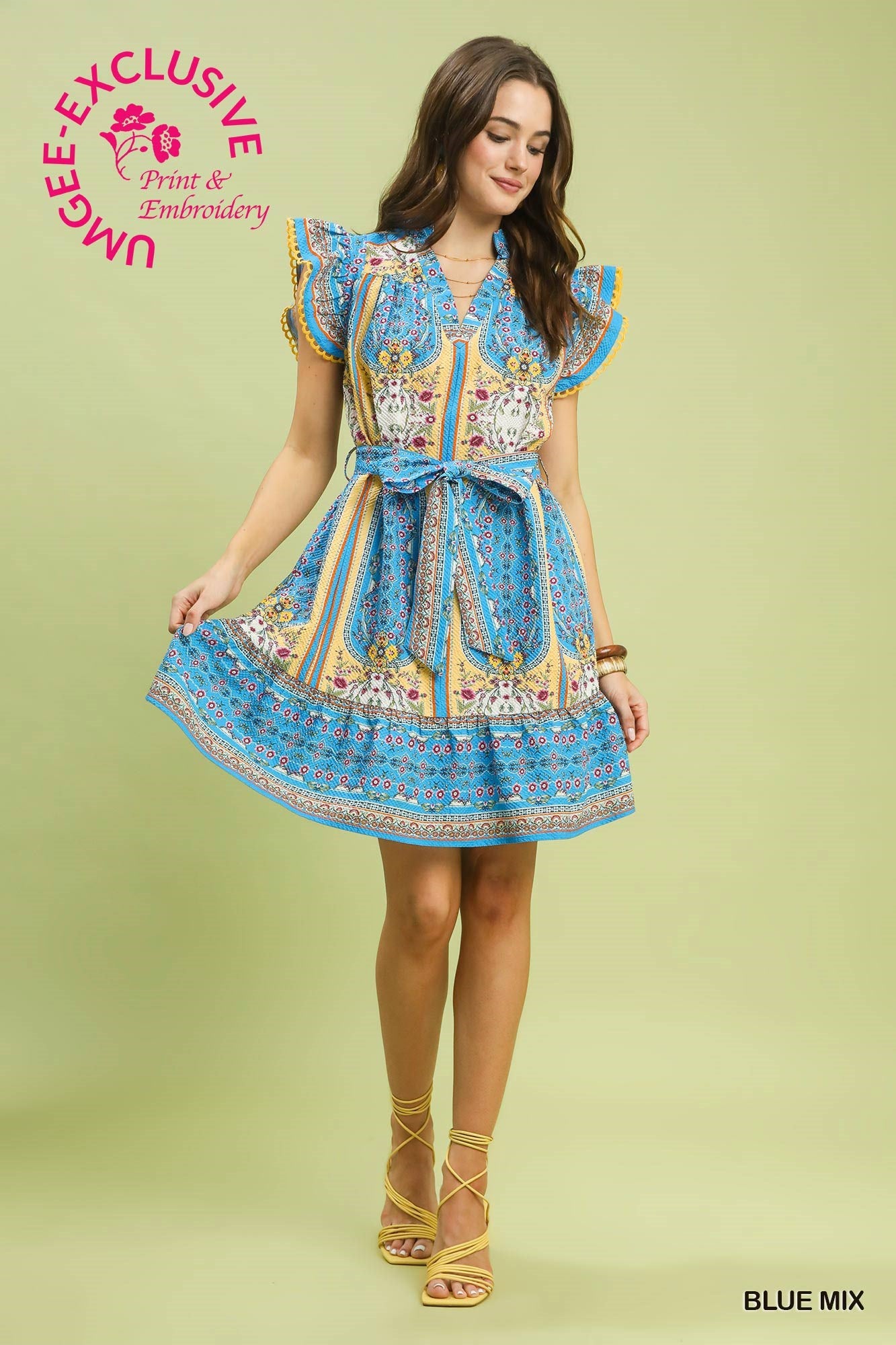 Valerie Mixed Print Ruffle Dress Blue