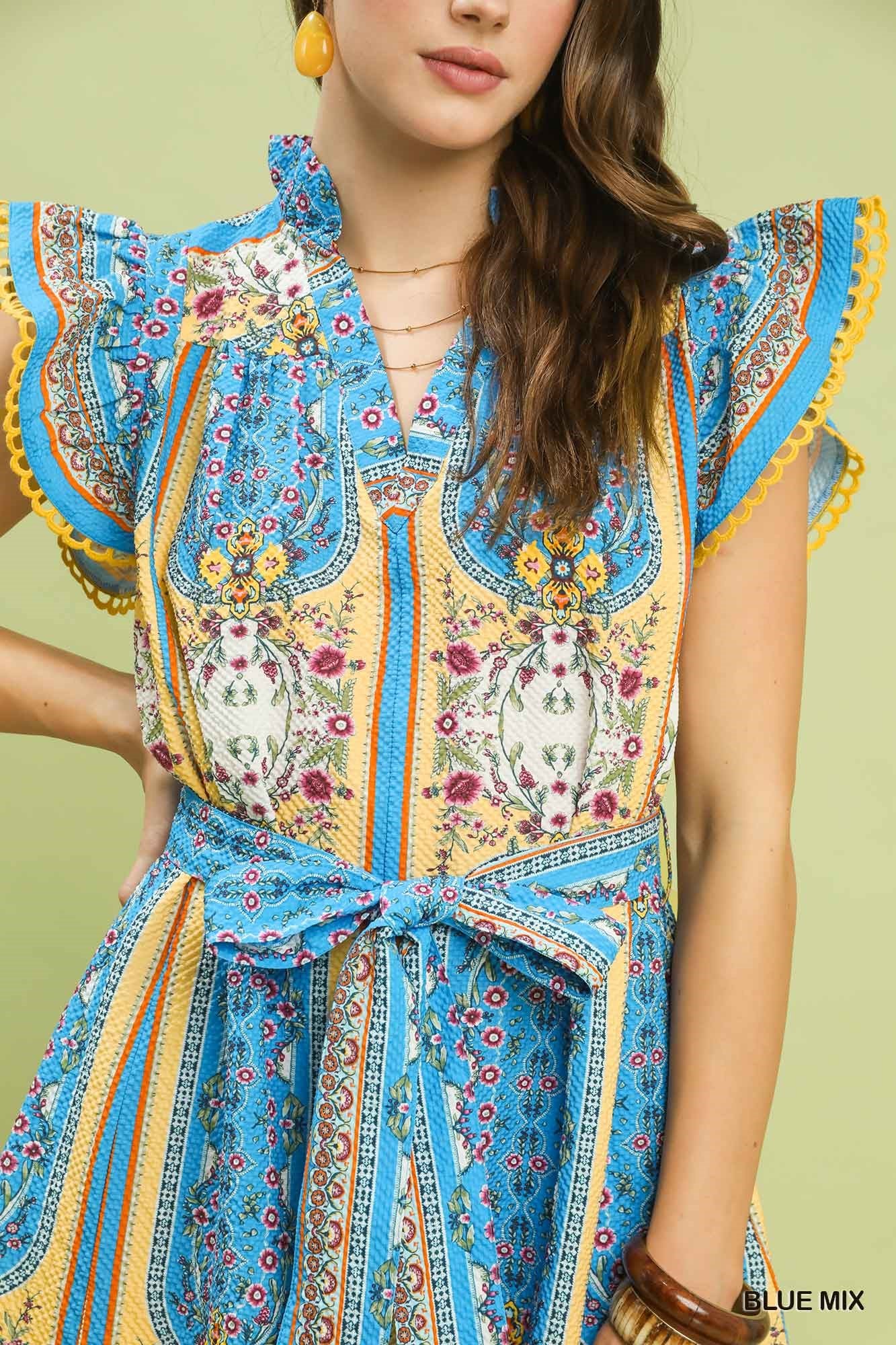 Valerie Mixed Print Ruffle Dress Blue