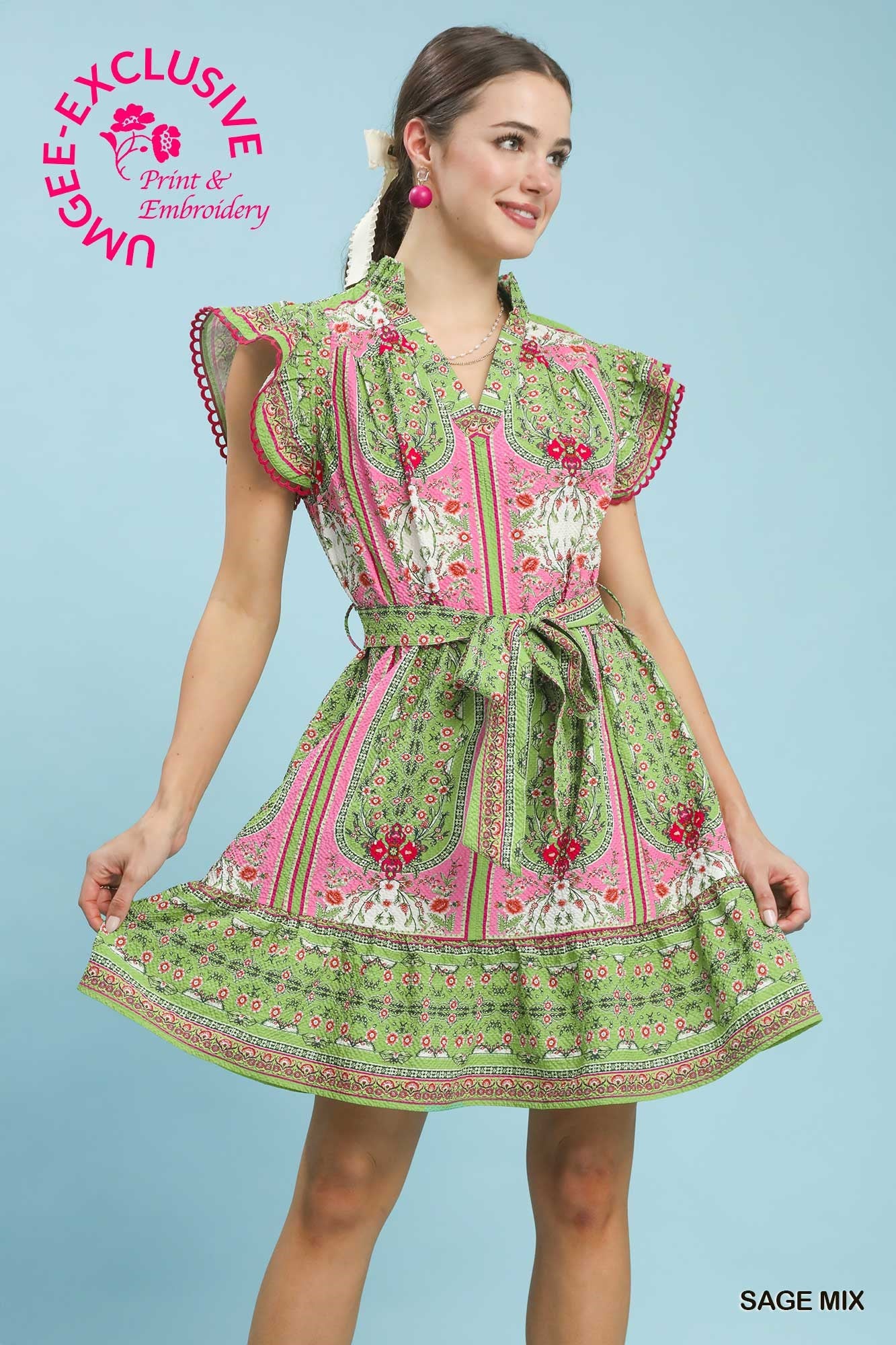 Valerie Mixed Print Ruffle Dress Sage