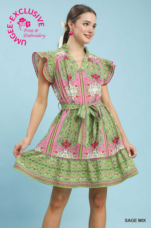 Valerie Mixed Print Ruffle Dress Sage