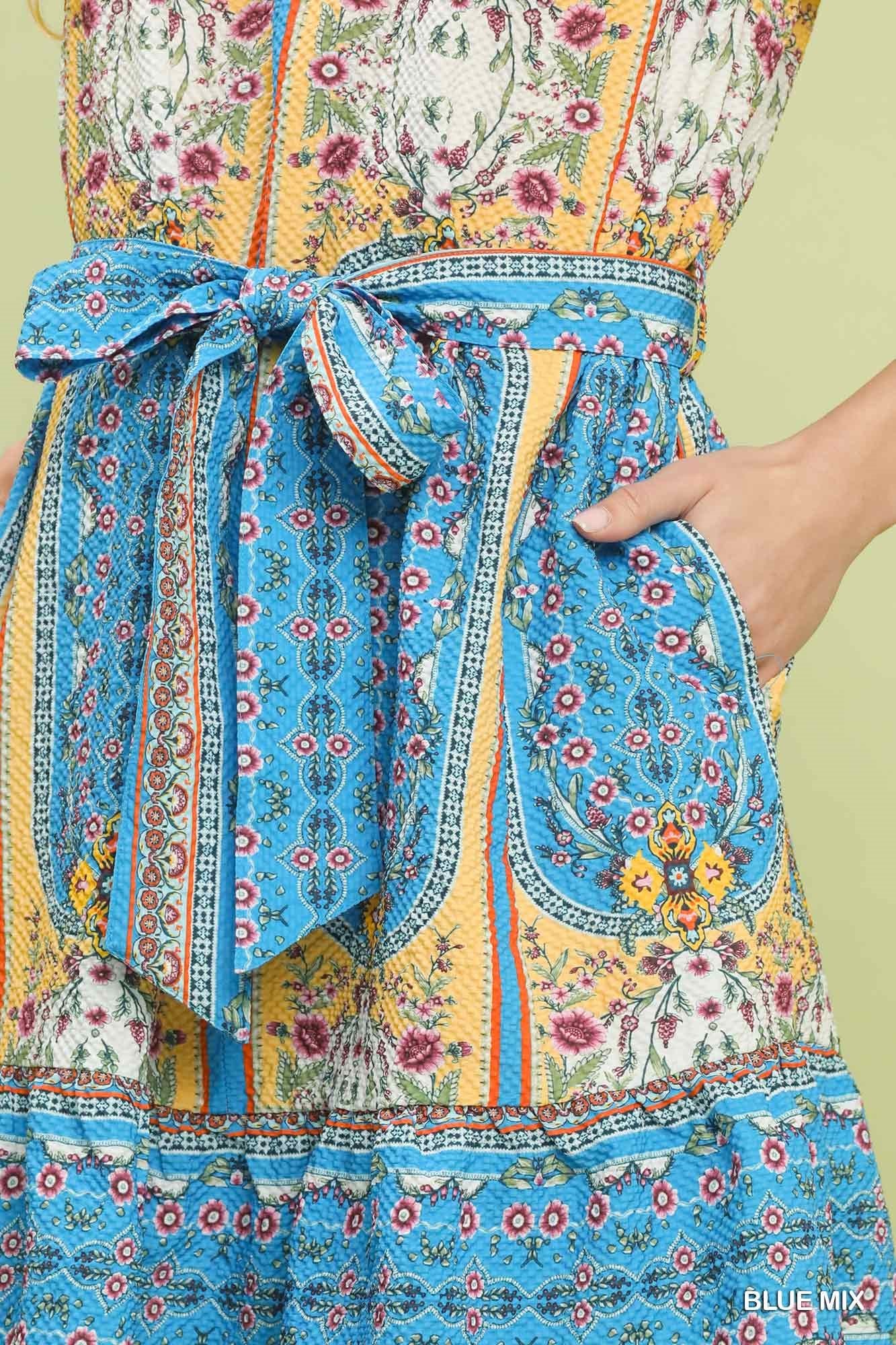 Valerie Mixed Print Ruffle Dress Blue