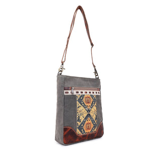 Canvas & Leather Women's Shoulder Bag - Green Geometric