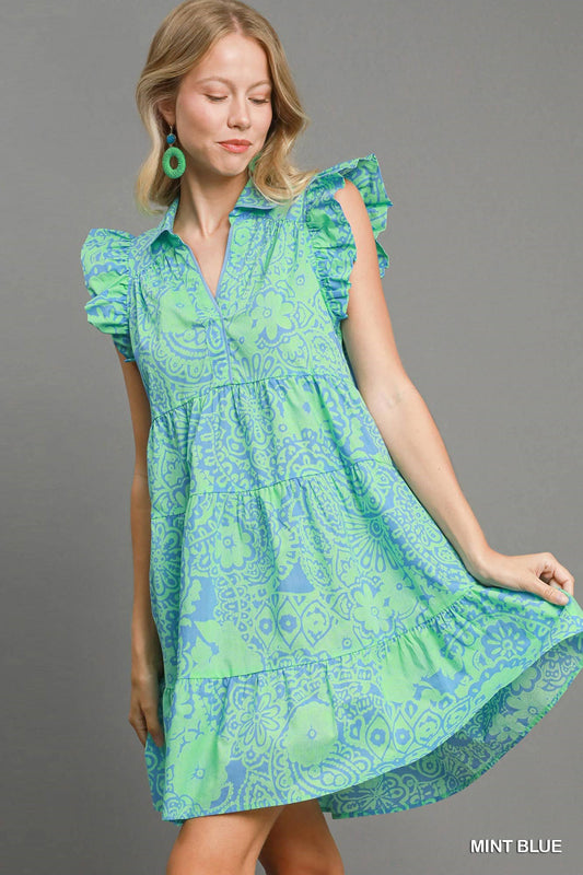 Boho Bloom Mint Blue Ruffle Dress