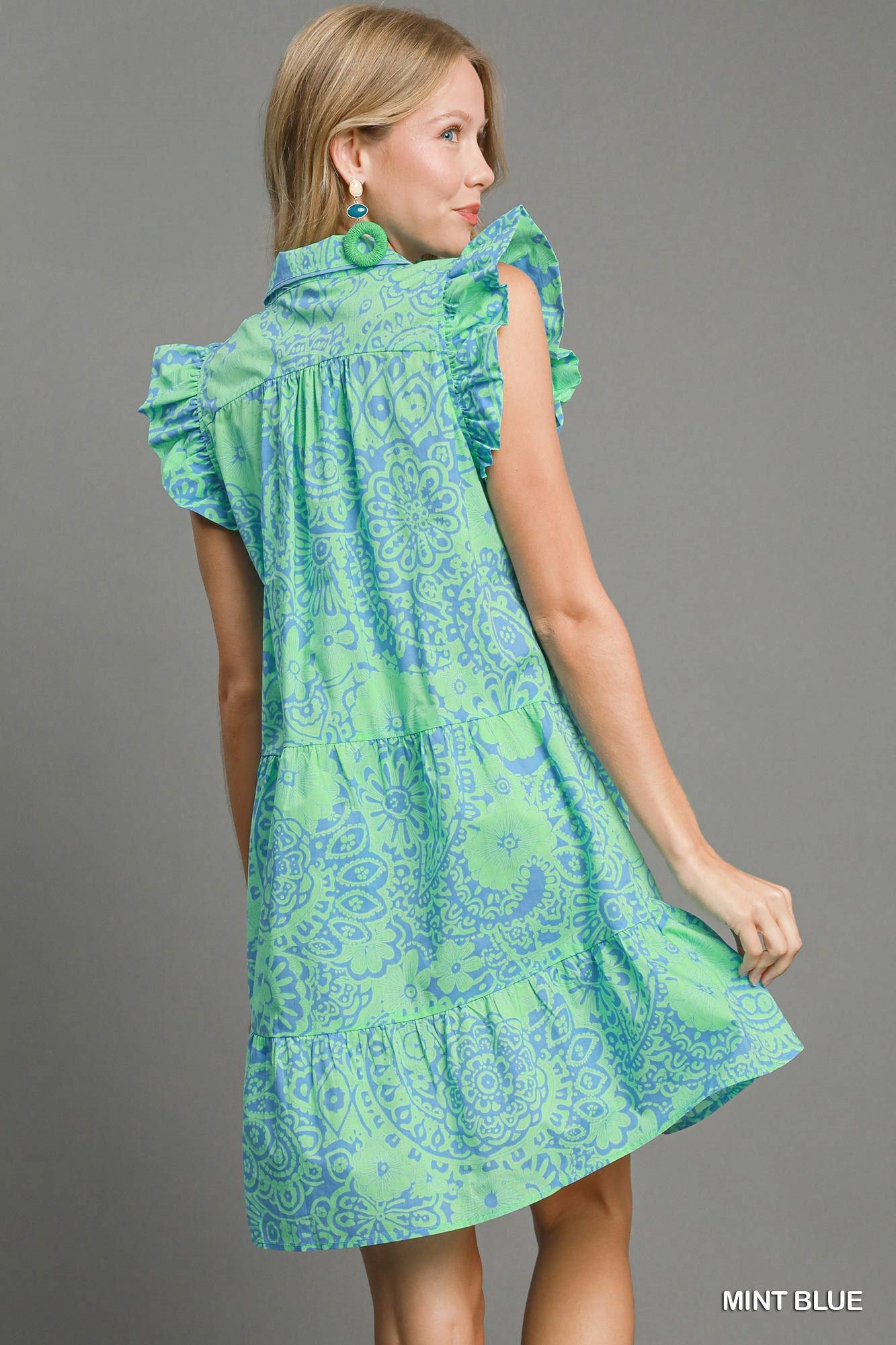 Boho Bloom Mint Blue Ruffle Dress