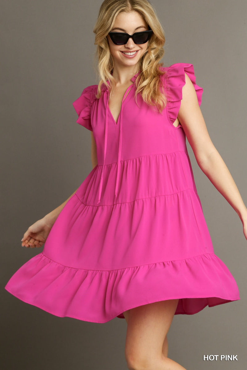 Hot Pink Tiered Flutter Dress