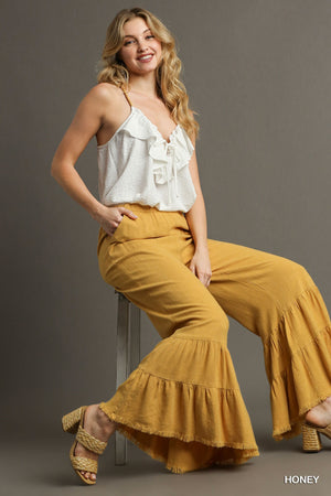 Linen Frayed Ruffle Pants - Honey