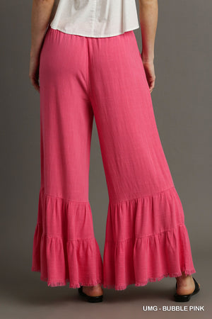 Linen Frayed Ruffle Pants - Bubble Gum Pink