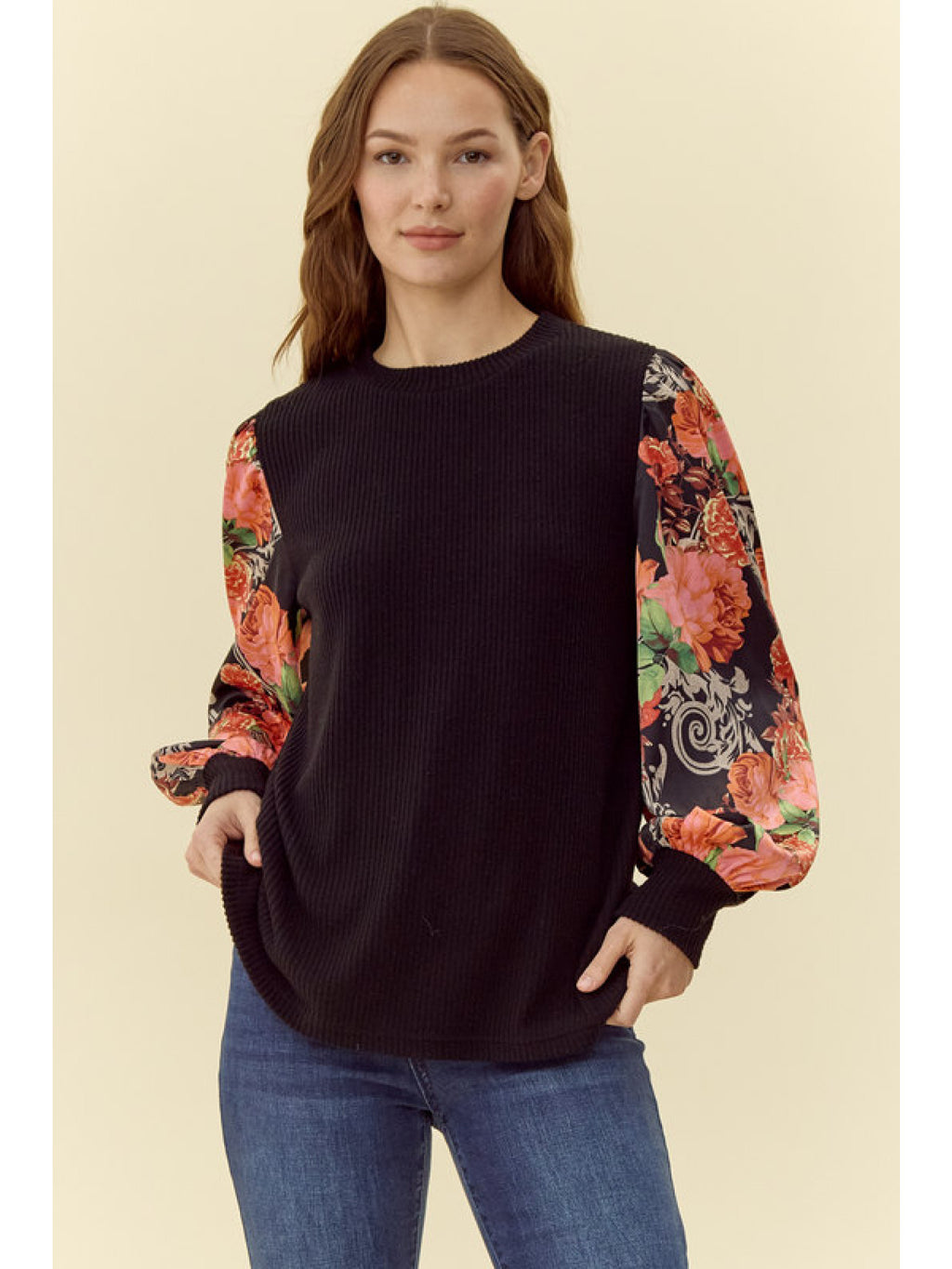 Black Ribbed Floral Top