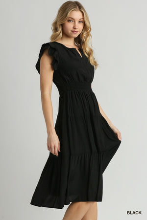 Black Flutter Midi Long Dress