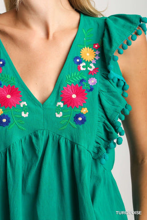 Floral Embroidery Top w/ Pom Poms