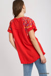Sophia Embroidered Linen Top - Red