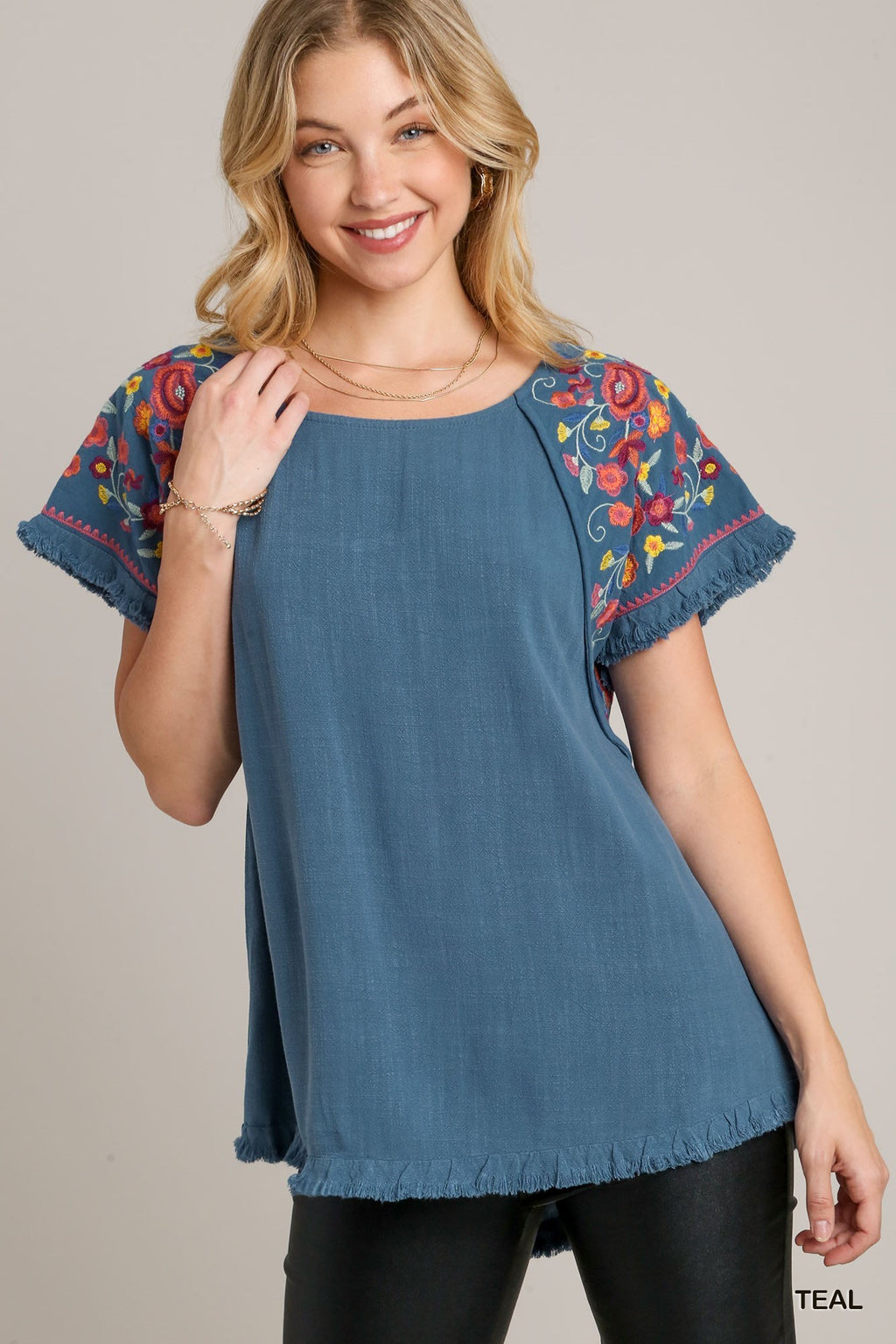 Sophia Embroidered Linen Top - Teal