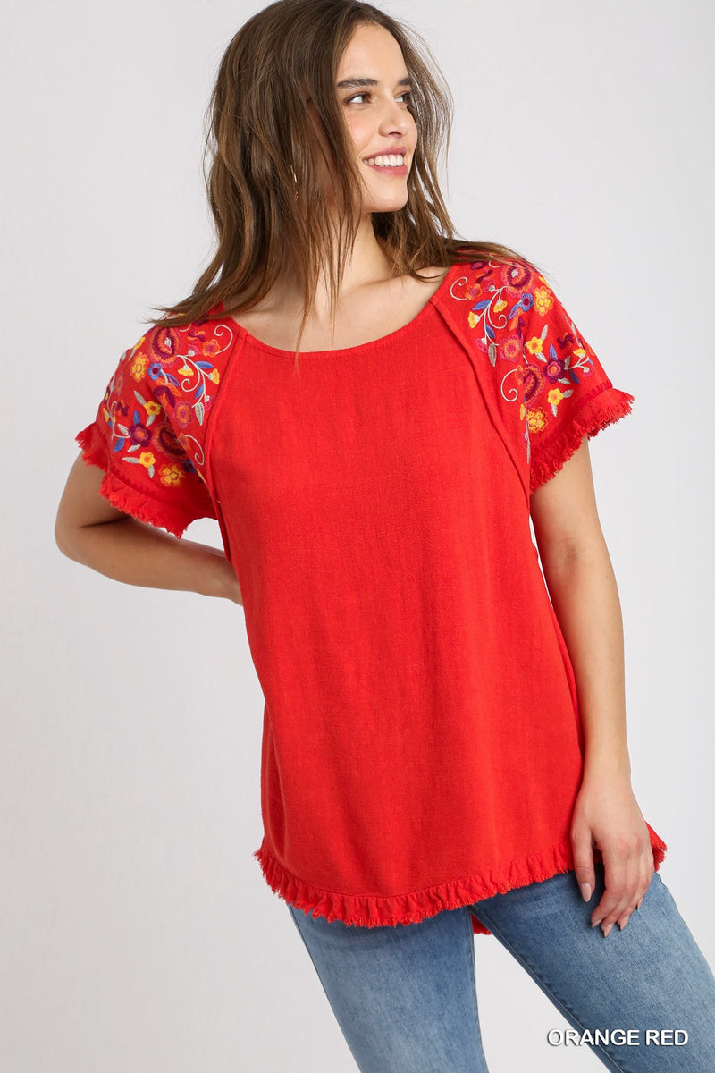 Sophia Embroidered Linen Top - Red