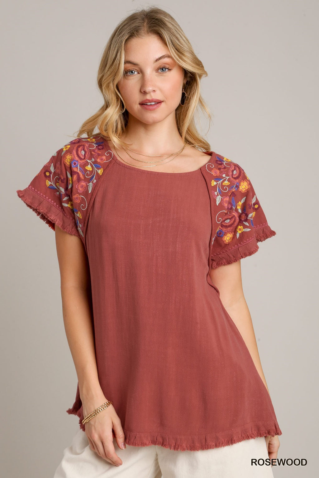 Sophia Embroidered Linen Top - Rosewood