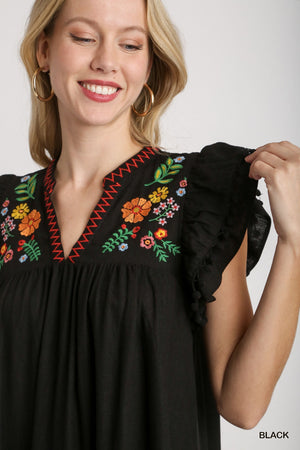 Linen Embroidery Pom Dress - Black