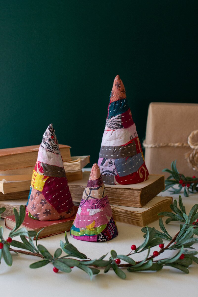 Set of Three Kantha Christmas Topiaries