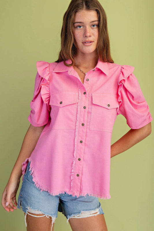 Howdy Linen Frayed Top Bubble Gum Pink