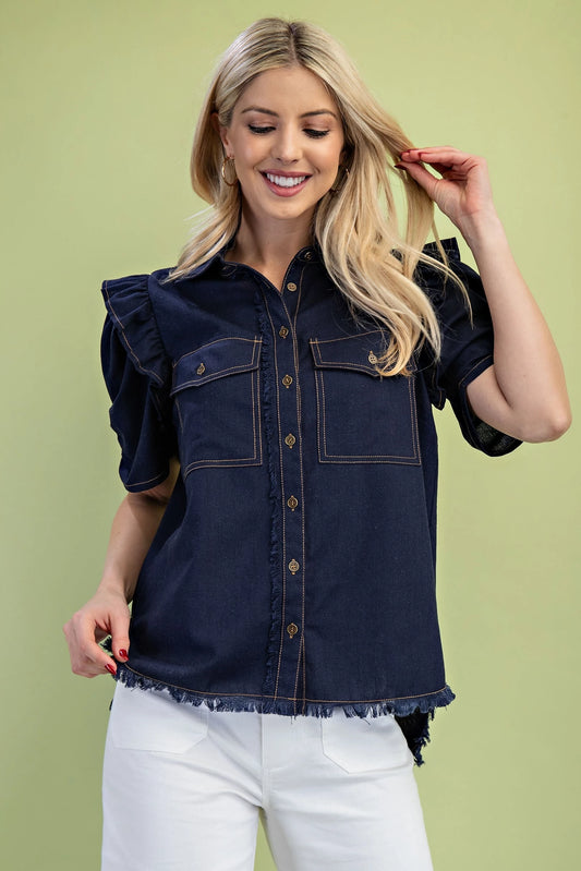 Howdy Linen Frayed Top Dark Navy