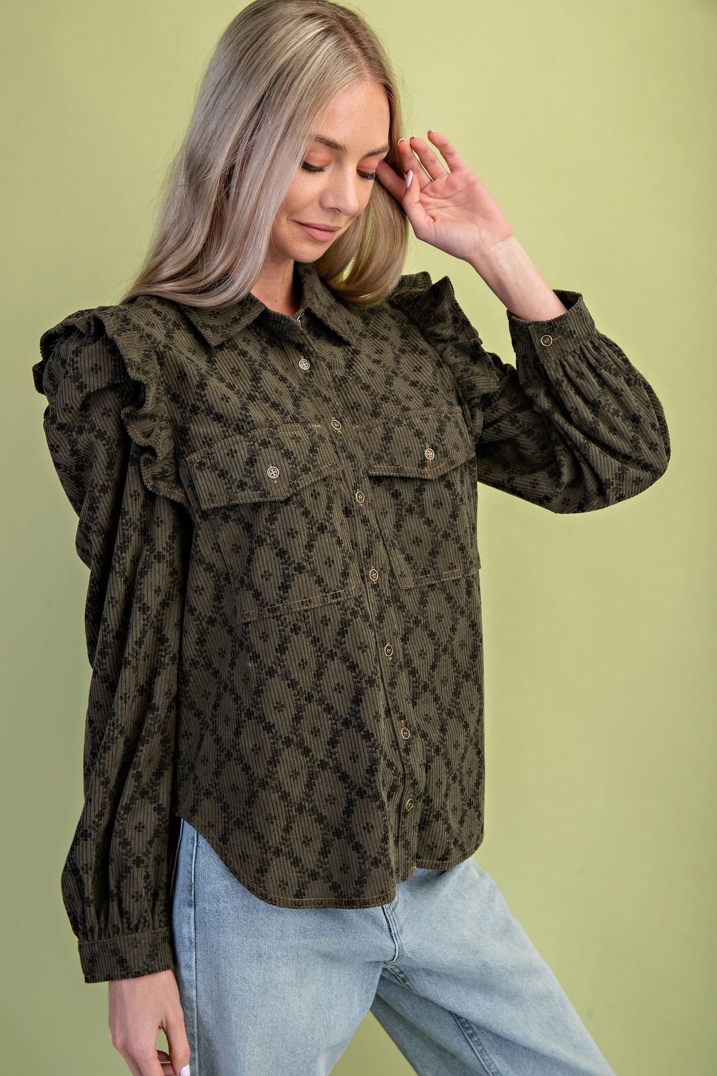Lara Corduroy Button Down Olive Mix
