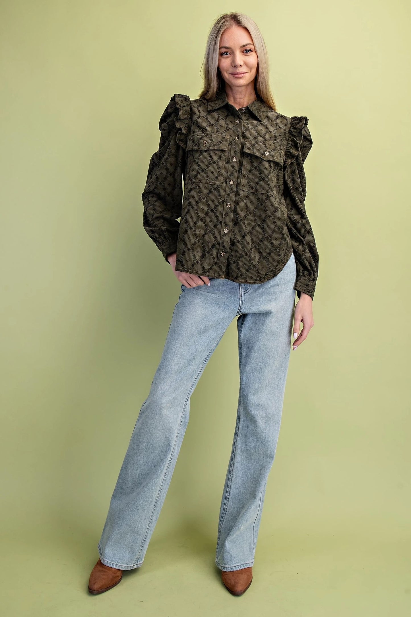 Lara Corduroy Button Down Olive Mix
