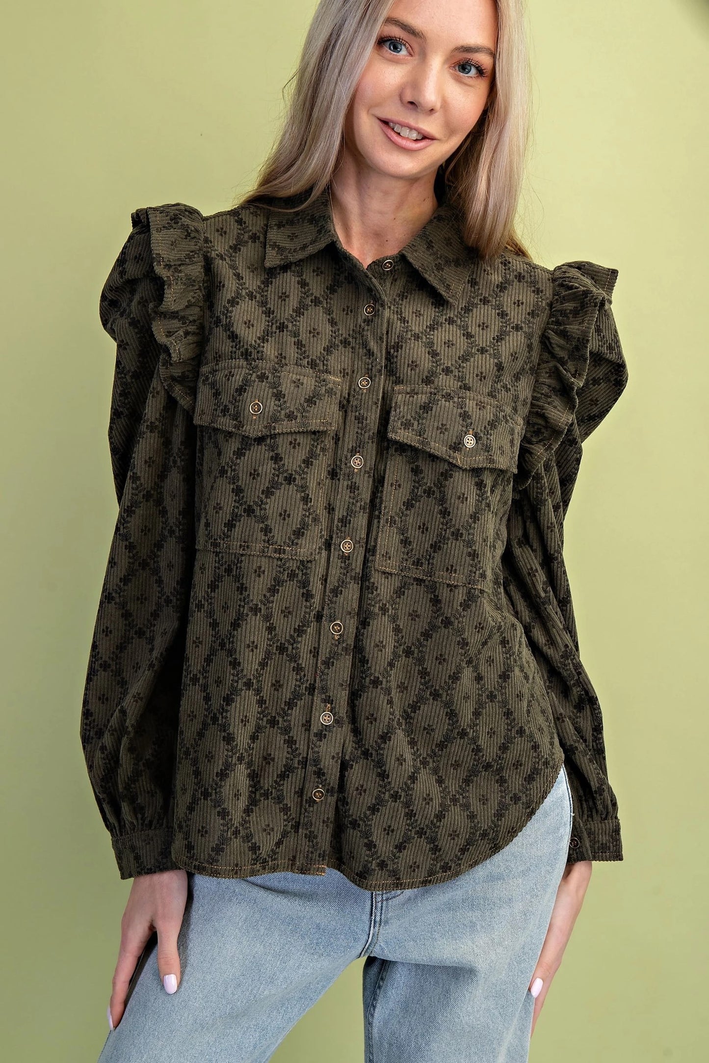 Lara Corduroy Button Down Olive Mix