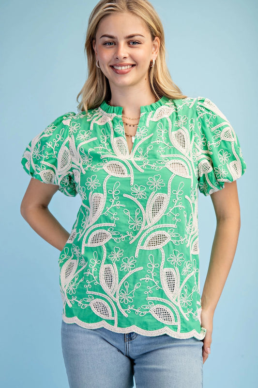 Emerald Green Floral Embroidered Blouse